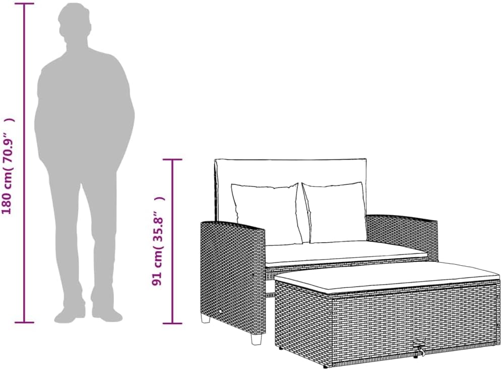 vidaXL Gartensofa mit Kissen 2-Sitzer, Outdoor Sofa mit Hocker mit Staufach, Couch mit abnehmbarm Bezug, Gartebmöbel Gartengarnitur, Schwarz Poly Rattan