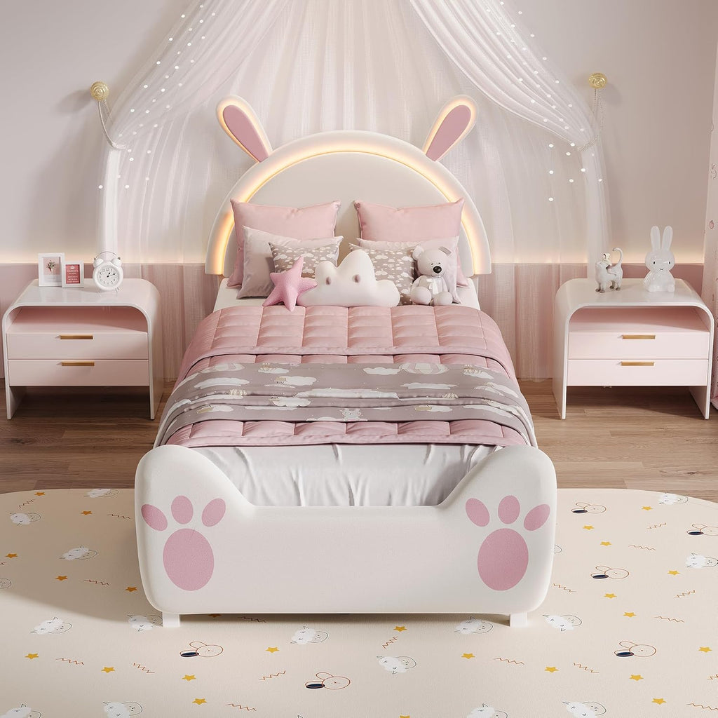 Cama tapizada infantil 90x200 con iluminación LED, estructura de cama individual con somier, cama de princesa para niña con cabecero en forma de conejo para dormitorio, tela de terciopelo, blanco (Blanco-C, 90x200 cm)