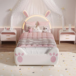 Cama tapizada infantil 90x200 con iluminación LED, estructura de cama individual con somier, cama de princesa para niña con cabecero en forma de conejo para dormitorio, tela de terciopelo, blanco (Blanco-C, 90x200 cm)