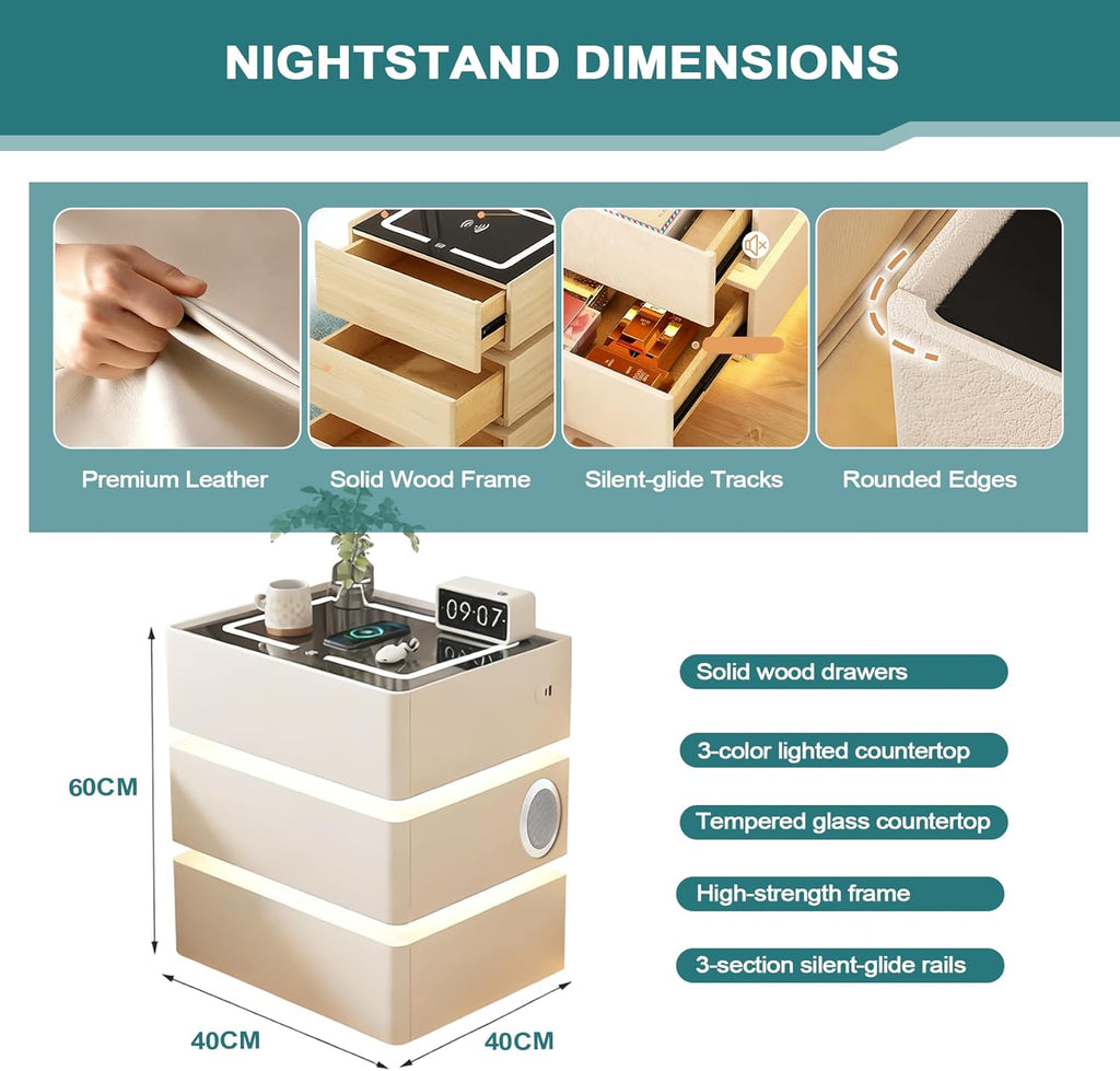Mesita de noche LED con función de carga, 3 cajones, mesa auxiliar con altavoz Bluetooth, luz con sensor, luz de 3 colores, mesita de noche blanca con 2 USB y 1 tipo C, mesa de sofá para sala de estar, dormitorio