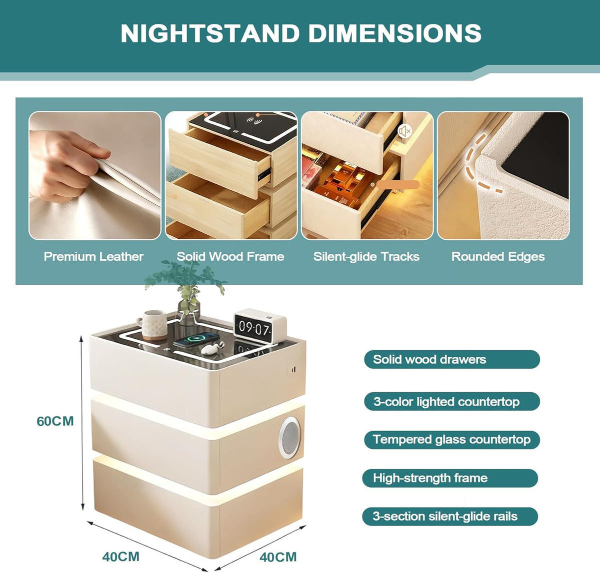 Mesita de noche LED con función de carga, 3 cajones, mesa auxiliar con altavoz Bluetooth, luz con sensor, luz de 3 colores, mesita de noche blanca con 2 USB y 1 tipo C, mesa de sofá para sala de estar, dormitorio