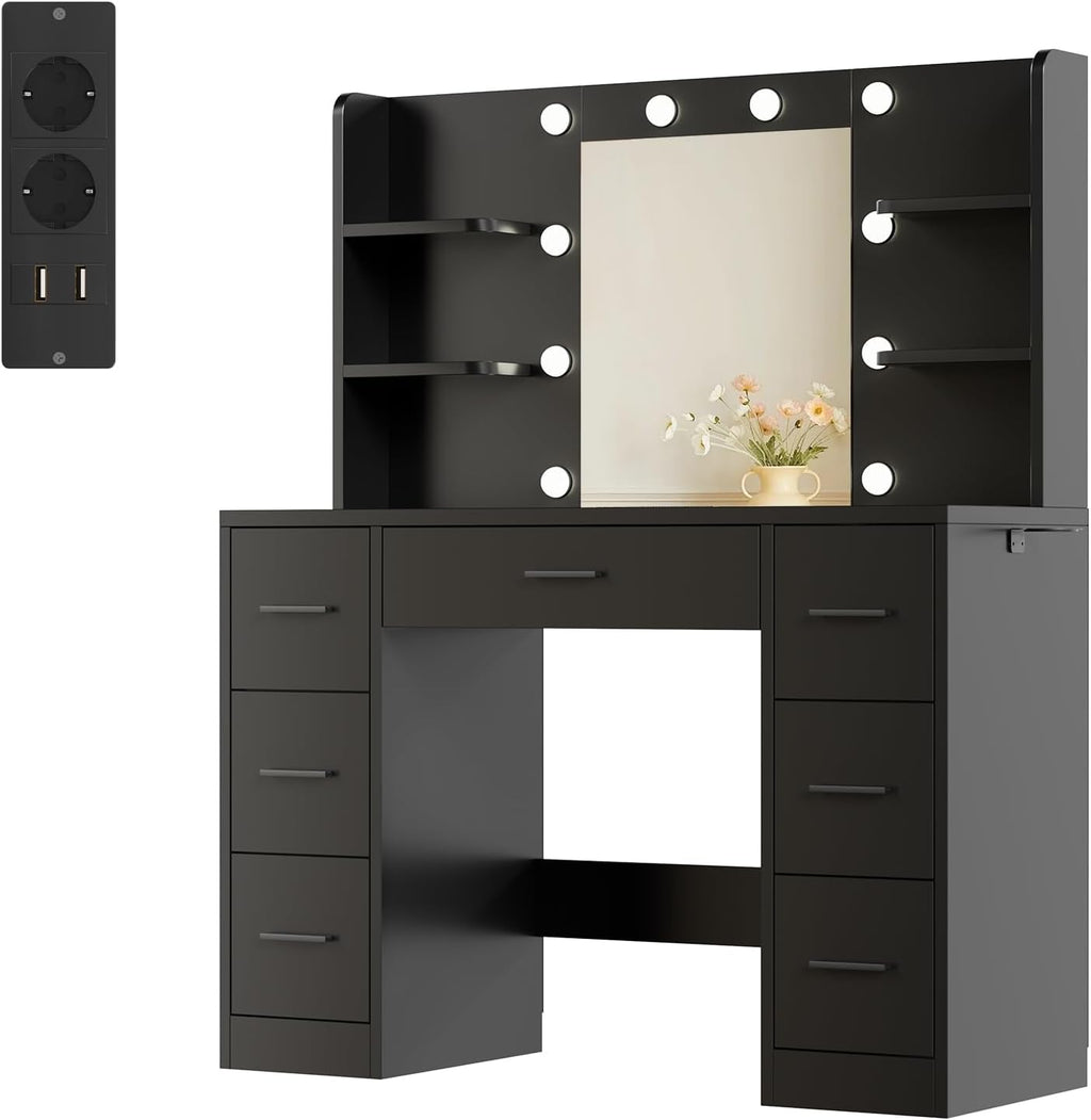 Tocador grande JUMMICO con iluminación LED ajustable y enchufes, tocador con espejo y 7 cajones, tocador moderno con 10 luces LED para dormitorio, negro
