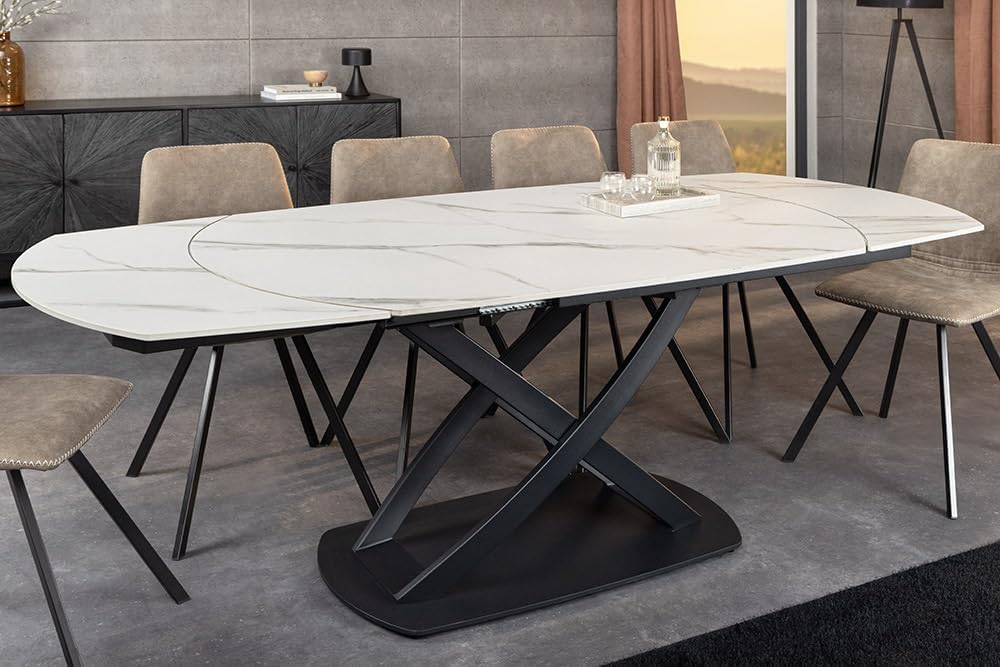 Mesa de comedor extensible Riess Ambiente Inception - 130–190 cm - blanca - ovalada, cerámica con efecto mármol blanco, estructura de metal negro