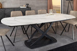 Mesa de comedor extensible Riess Ambiente Inception - 130–190 cm - blanca - ovalada, cerámica con efecto mármol blanco, estructura de metal negro
