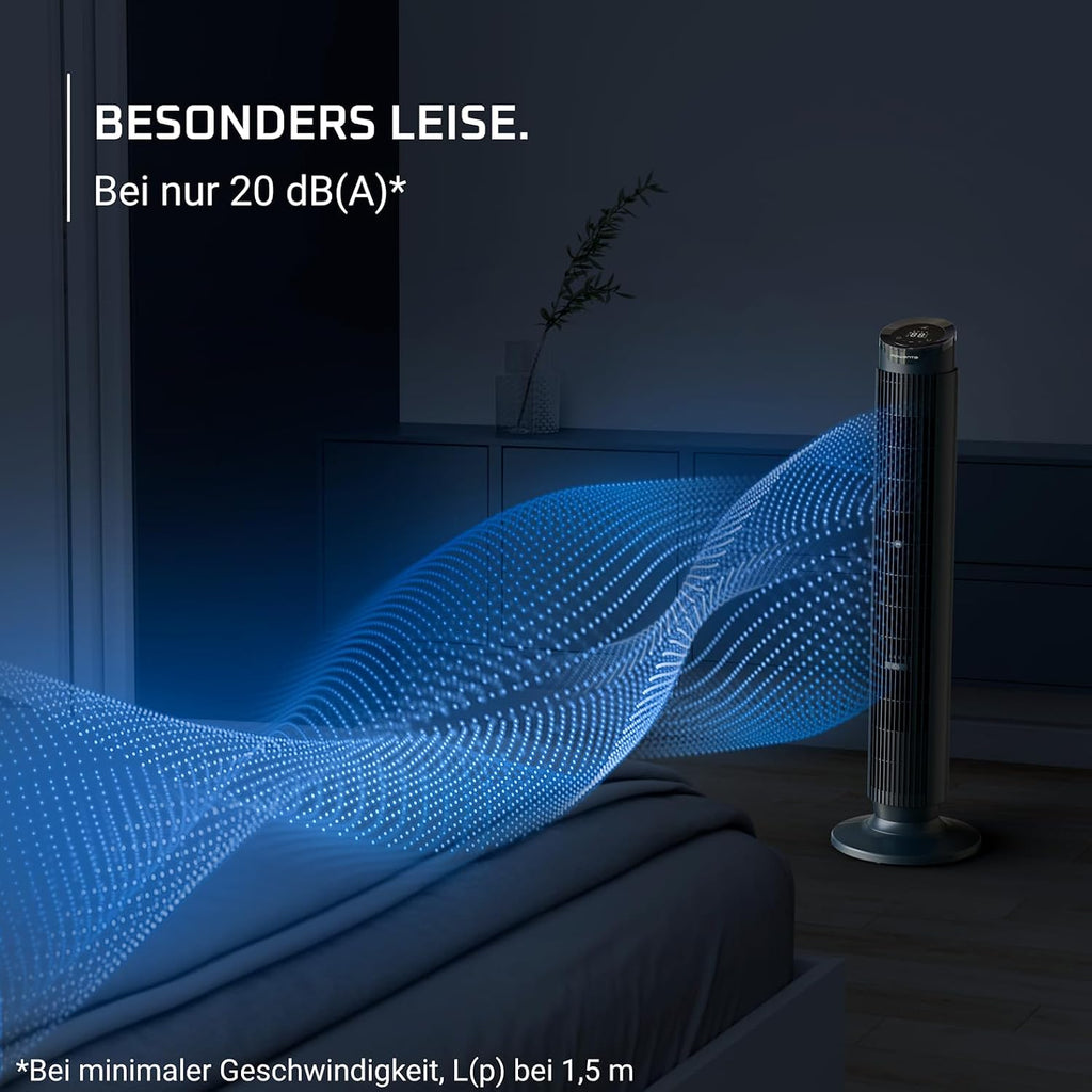 Ventilador de torre Rowenta Eole Silence Force, potente, modo silencioso, 12 velocidades, 5 modos automáticos, temporizador, oscilación de 60-90°, mando a distancia, cubierta antipolvo, azul, VU7050F0