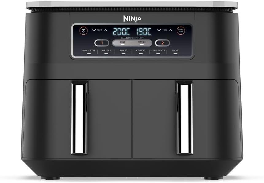 Freidora de aire NINJA Foodi DualZone, 2 compartimentos, 2 zonas de cocción independientes, capacidad de 7,6 L, freidora de aire 6 en 1, máx. 240 °C, piezas antiadherentes extraíbles aptas para lavavajillas, negro AF300EU