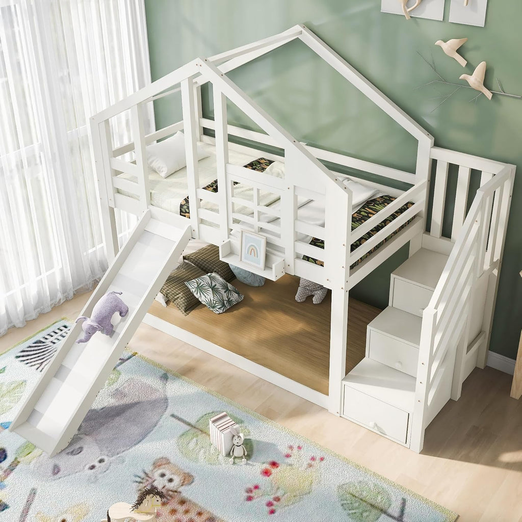 Merax Kinderbett Etagenbett 90x200cm Housebett Stockbett Hochbett mit Rutsche,Treppe Staufach Stauraum,Lattenrost,Rausfallschutz,mit Fenster, für 2 Kinder, Ohne Matratze,Weiß/254×96×207cm