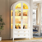 LVSOMT Gewölbte Glasvitrine mit LED Beleuchtung, 180cm Vitrinenschrank mit Glastüren, Bogen Vitrine mit 4 Display Regale und 2 Schubladen, 3 Farbe Licht, Vitrine Glas Holz Wohnzimmer Flur, Weiß