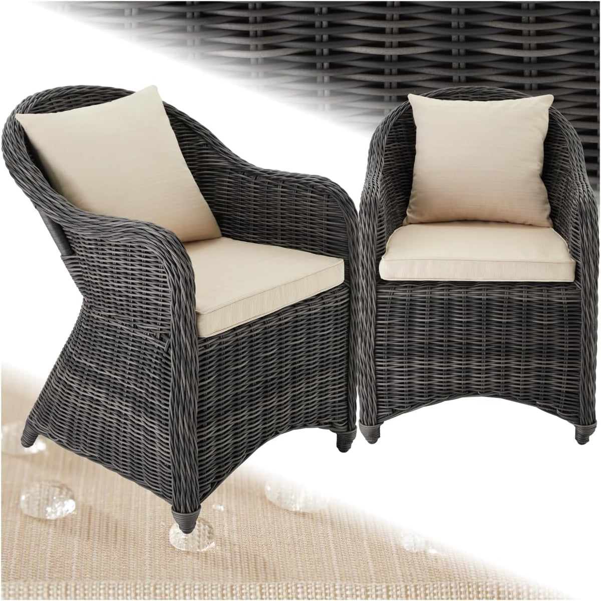 tectake® Alu Polyrattan Gartenstuhl 2er Set, Gartenmöbel Set mit 2 Sessel, wetterfest, Rattan Gartensessel mit weichen Sitzpolster, abziehbarer und waschbarer Bezug, stabil und bodenschonend - grau