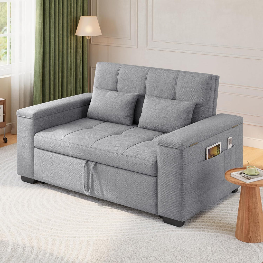 Sofá cama 3 en 1 Xbro, sofá de 2 plazas con función de cama, respaldo ajustable, tejido de lino con 2 cojines y bolsillos laterales, para salón, dormitorio u oficina, gris claro