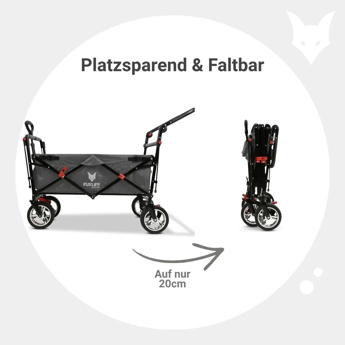 Carrito de mano plegable y compacto Fuxtec FX-CT700 gris, con frenos, asiento acolchado, mango ajustable en altura, para excursiones