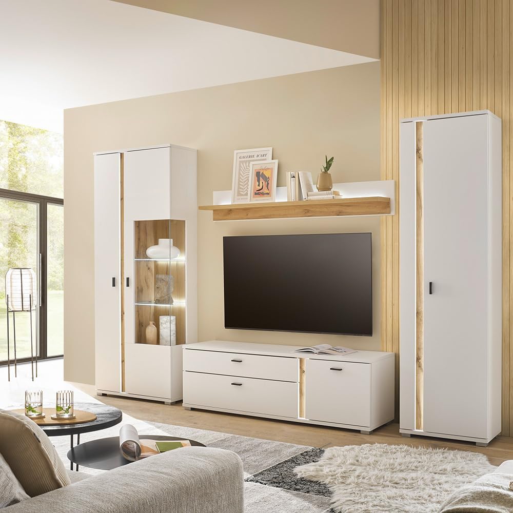 Set de muebles de salón Lomadox de 4 piezas, color blanco y roble, estilo moderno: 1 vitrina, 1 armario alto, 1 mueble bajo, 1 estante de pared, incl. iluminación LED
