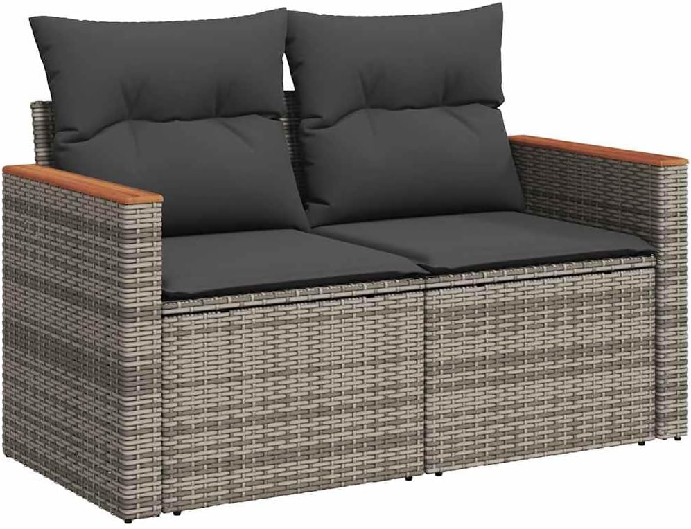 Sofá de jardín vidaXL de 2 plazas con cojines, sofá con compartimento de almacenaje bajo el asiento, sofá de terraza con funda extraíble y lavable, juego de muebles de jardín, ratán sintético gris