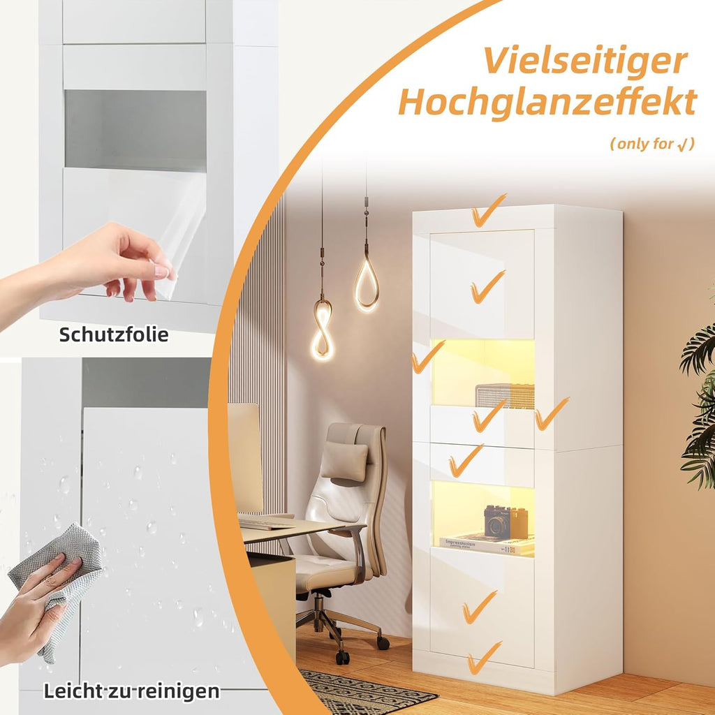Vitrina Merax, vitrina de cristal, armario con iluminación LED, armario alto en blanco brillante con 2 estantes de cristal ajustables, vitrina para colecciones, estantería para salón, dormitorio, oficina, 161 cm