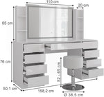 Tocador Vicco Sherry, blanco/blanco alto brillo, 158,2 cm, 5 piezas, con iluminación LED y taburete acolchado
