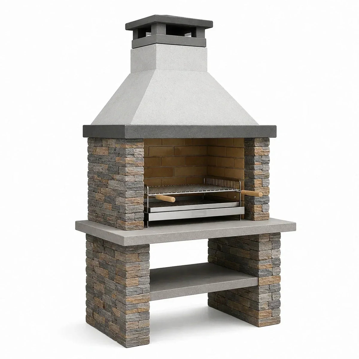 Chimenea de piedra y ladrillo con parrilla de acero inoxidable 180x110x65cm gris