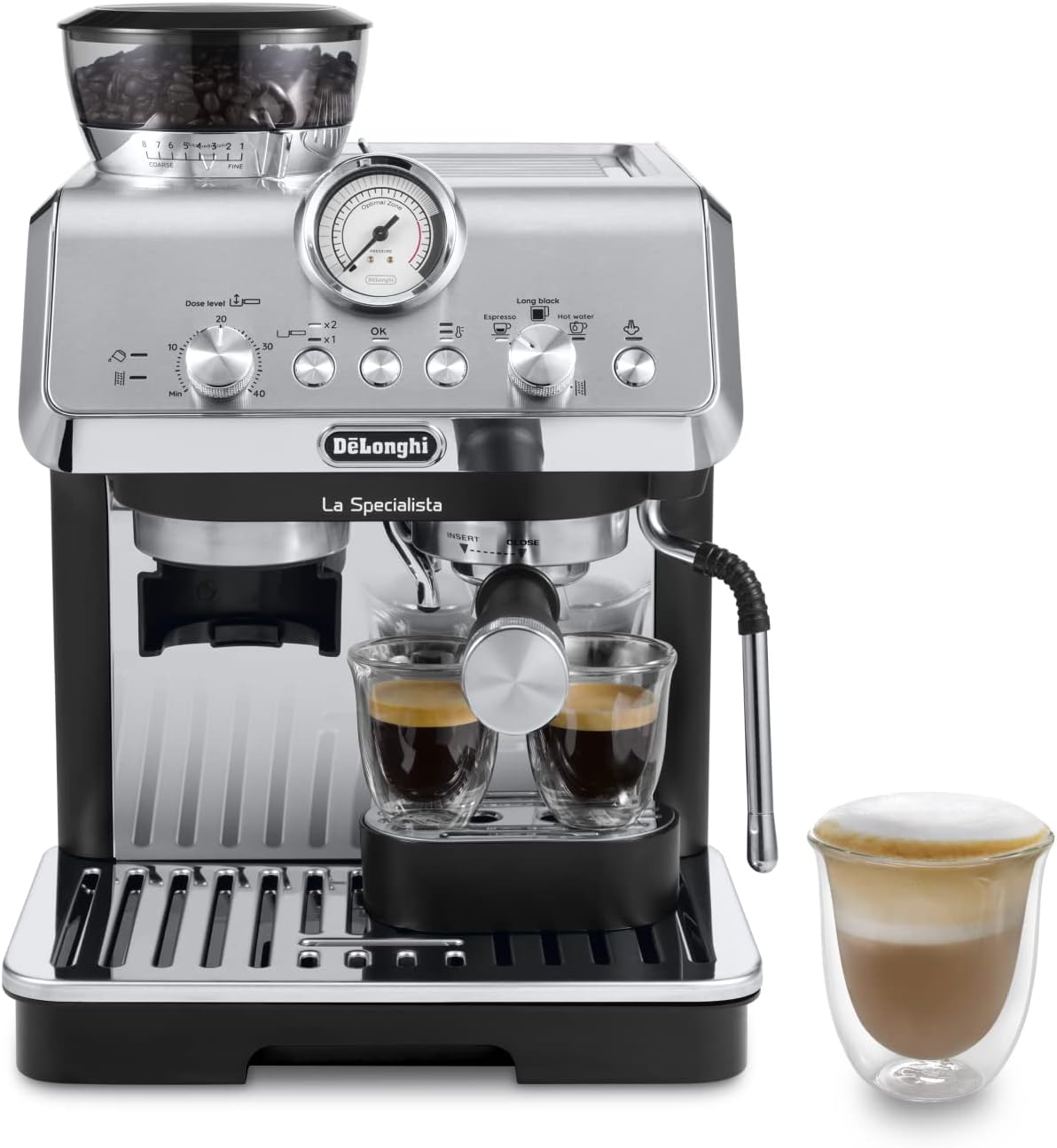 Cafetera espresso De'Longhi La Specialista Arte EC9155.MB con portafiltro y molinillo, 8 niveles de molienda, 15 bares, 3 niveles de temperatura, boquilla para espuma de leche, 1300 W, depósito de 1,5 l, acero inoxidable/negro, incluye kit de barista