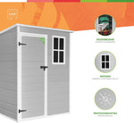 Wasabi - Caseta de resina para jardín Unit 1.4 – Ventana de luz natural - Suelo incluido - Paneles de 12 mm de espesor - Gris y blanco - Cobertizo de PVC para almacenaje exterior - 1,37 m² - Techo plano