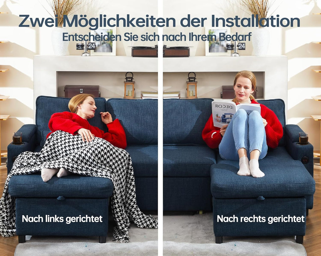 DURASPACE Schlafsofa Ausziehbar 2 in 1 Sektional Couches Schlafcouch mit Lagerung, USB, Getränkehalter, Schlaffunktion und Bettkasten Ecksofa Stauraum für Wohnung Wohnzimmer (Blau)
