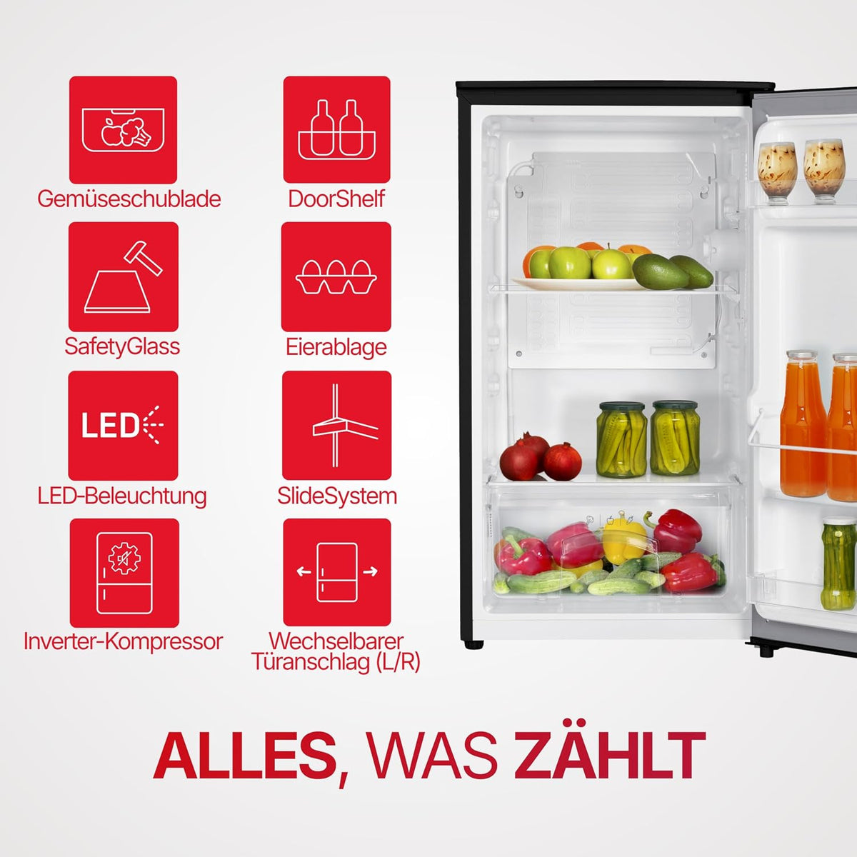 Amica Vollraum-Kühlschrank Freistehend 85x47,5x44,5 cm 90L Inverter Kompressor LED Beleuchtung Gemüseschublade Türablagen AVK 3510 SW - Schwarz