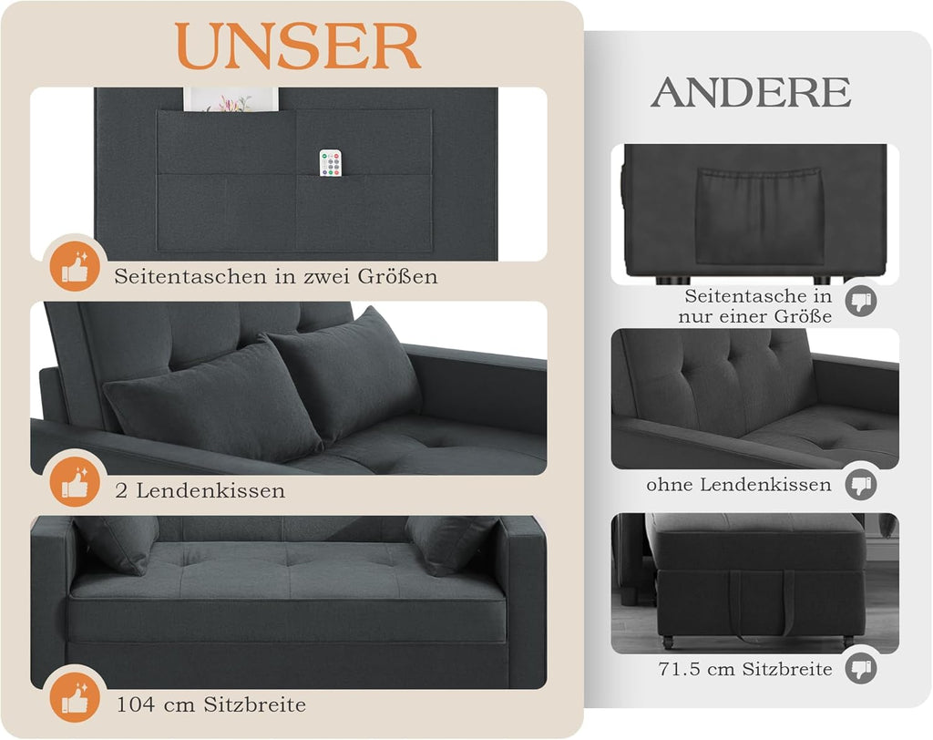 LUXOAK Schlafsofa 186 x 122 cm mit 5-stufig Verstellbarer Rückenlehne, 3-in-1 Schlafcouch mit Kissen und Seitentasche, graues Leinen-Sofa für Gästezimmer & kleine Räume