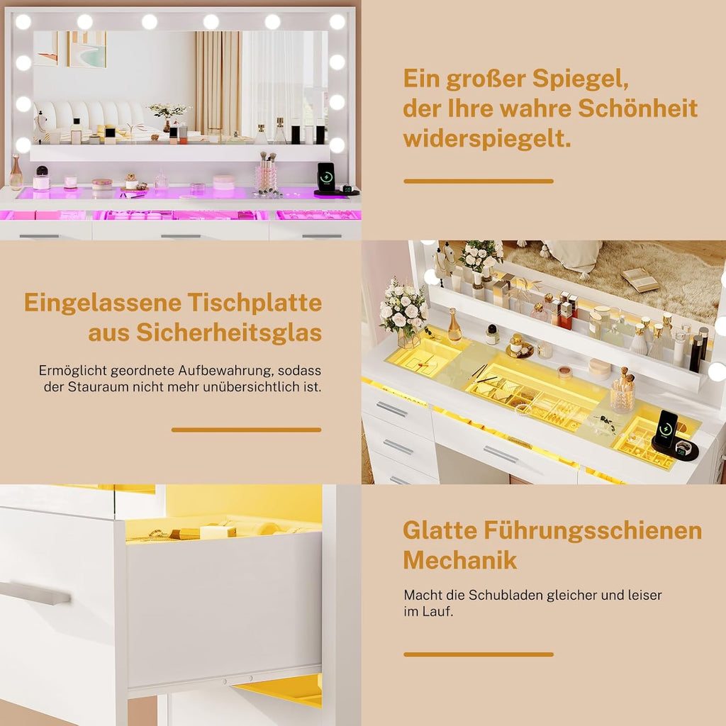 TEENFON Schminktisch mit großem LED-Spiegel, Schminktisch mit Glasplatte, RGB-Licht, 9 Schubladen, hängenden Regalen, 2 Steckdosen – dimmbare 3-Farben-Beleuchtung, Weiß