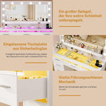 TEENFON Schminktisch mit großem LED-Spiegel, Schminktisch mit Glasplatte, RGB-Licht, 9 Schubladen, hängenden Regalen, 2 Steckdosen – dimmbare 3-Farben-Beleuchtung, Weiß