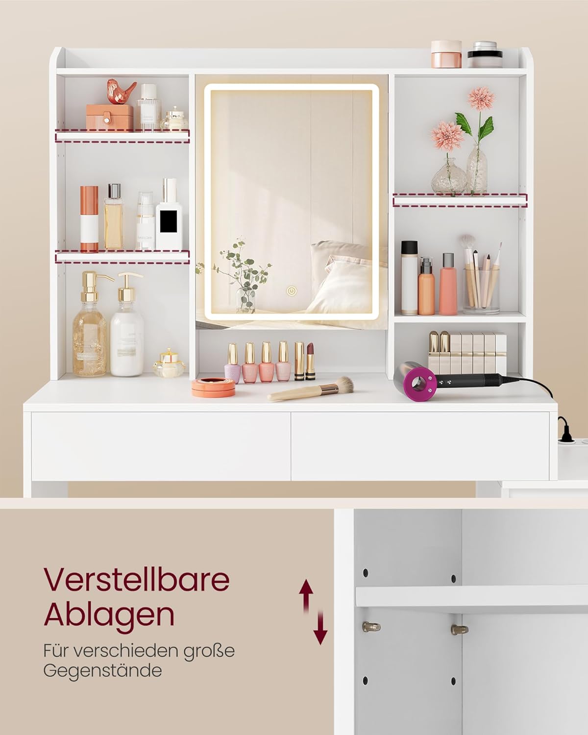 Colección VASAGLE Kailyn - Tocador con iluminación LED, mesa de maquillaje con regleta, espejo, tocador con estantes ajustables, moderno, 40 x 124,7 x 145 cm, blanco nube RDT644WB01