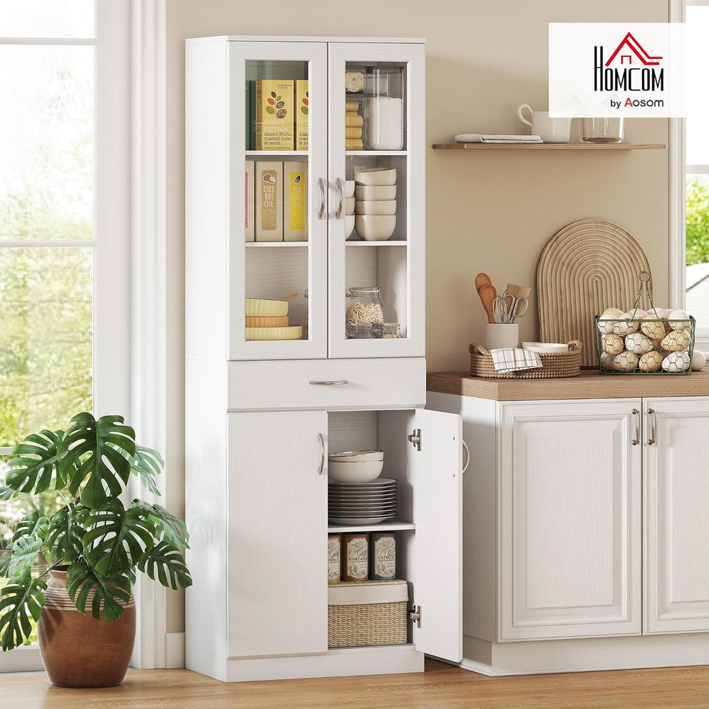 HOMCOM Alacena de cocina mueble buffet con estante ajustable, cajón, 2 armarios, armario alto con puerta de cristal y función de cierre suave para cocina, comedor, salón, 60 x 35 x 180 cm, blanco