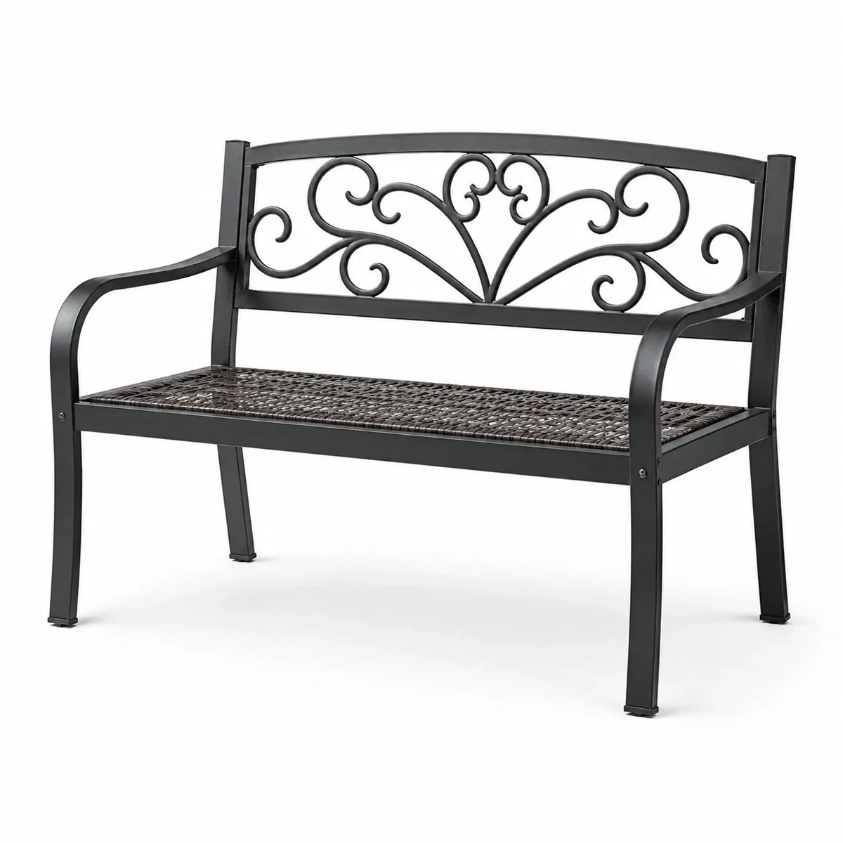 Banco de jardín de metal con asiento de ratán negro 120 cm