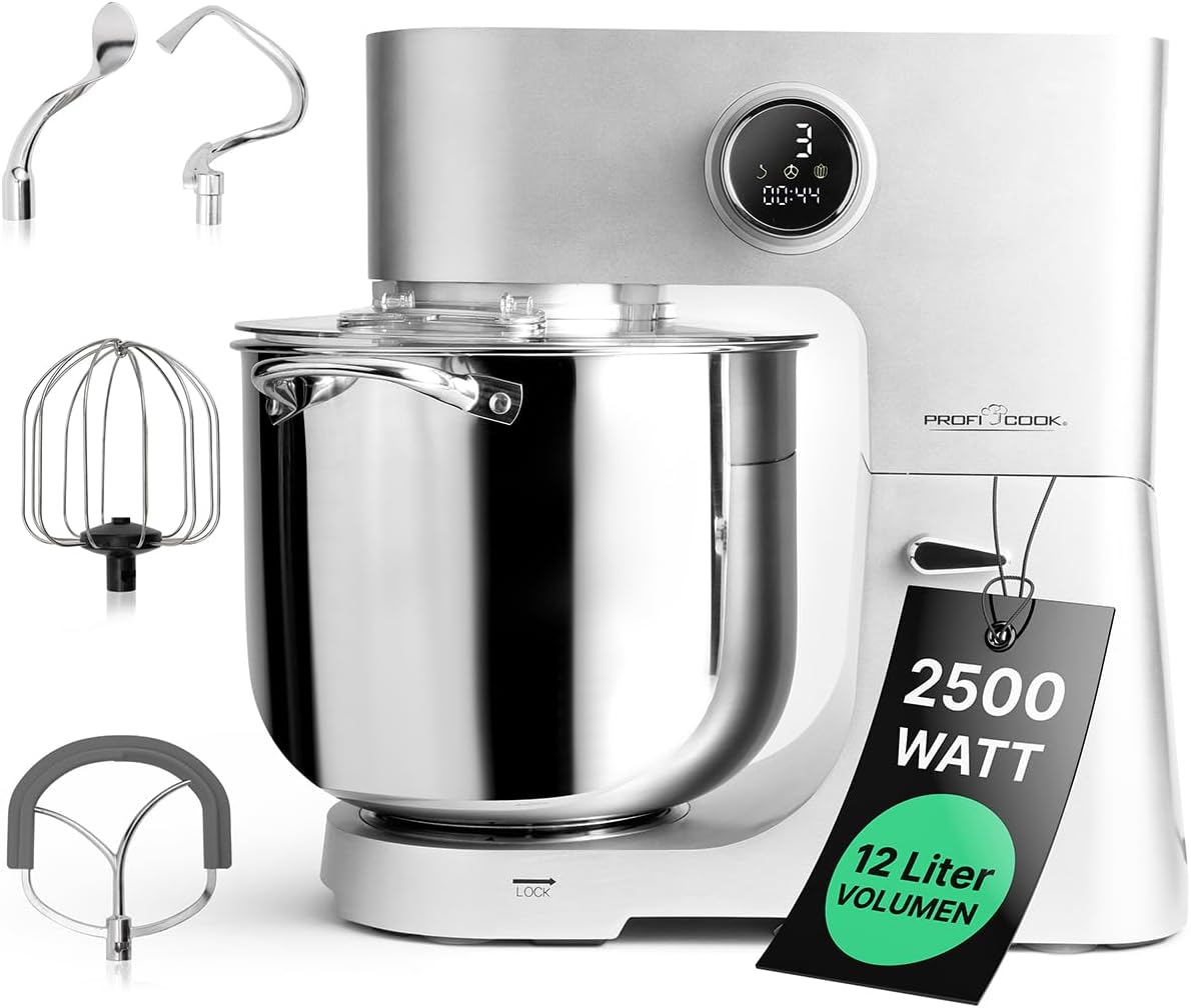 ProfiCook Robot de cocina con bol XXL de 12 L | Amasadora con 2500 W | Engranajes de metal y pantalla LED | Procesador de alimentos para hasta 8,5 kg de masa | 13 velocidades | PC KM 1254 titanio