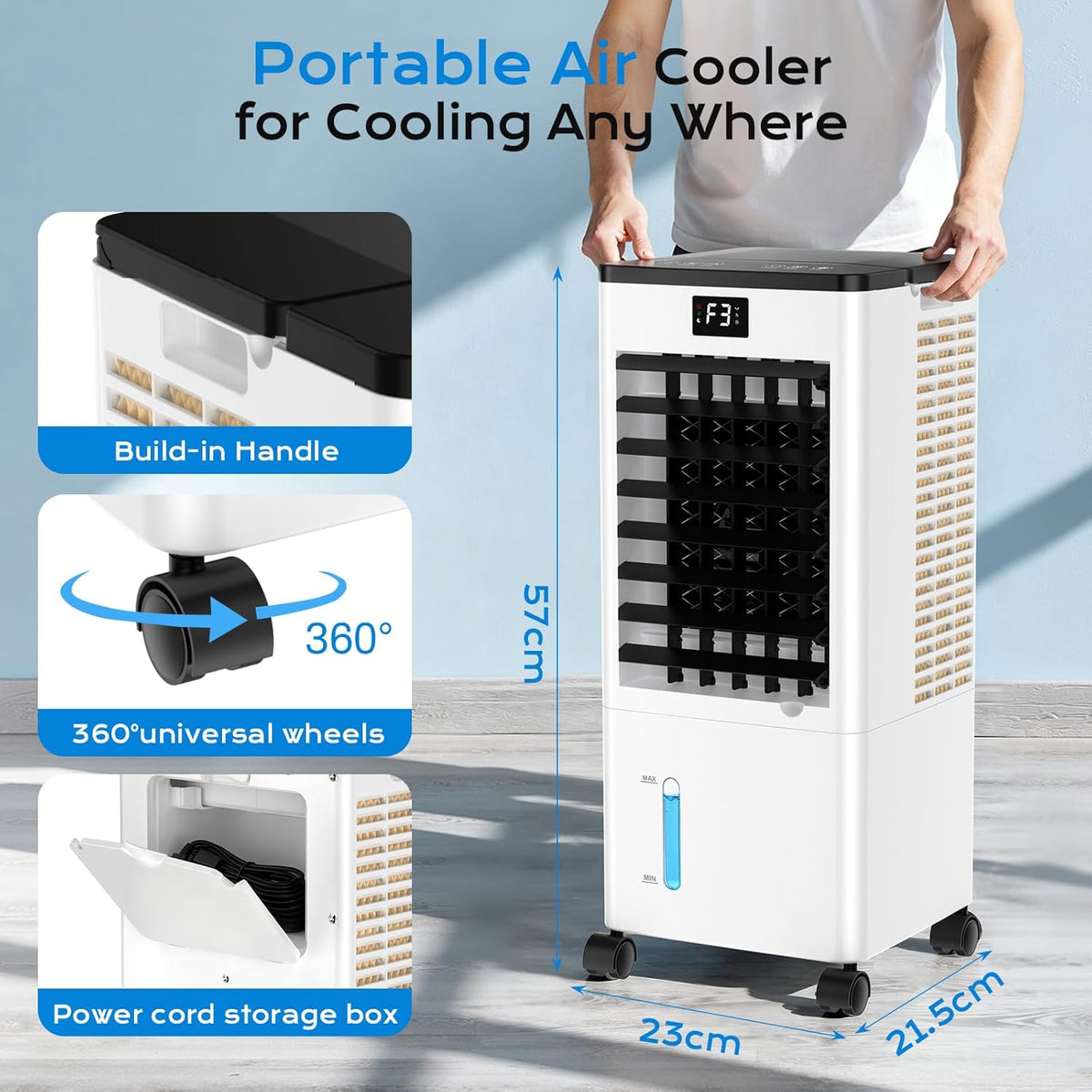 Klimaanlage Mobil Ohne Abluftschlauch, 4 IN 1 Verdunstungskühler Wassertank Leiser Luftkühler Schlafmodus 4 Modi 3 Geschwindigkeiten 60/120° Oszillation 1-12h Timer 4 Kühlakku für Zuhause Schlafzimmer