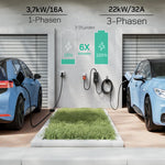 dé Mobile Wallbox/Ladestation 22kW Mit App [3-phasig|7m|6-32A] mit stromzähler, Ladekabel CEE 32A auf Typ 2 und EV Ladegerät für Model Y/3, ID.3/4/5, MG4, EX30, e-up, e-tron und andere EV/PHEV