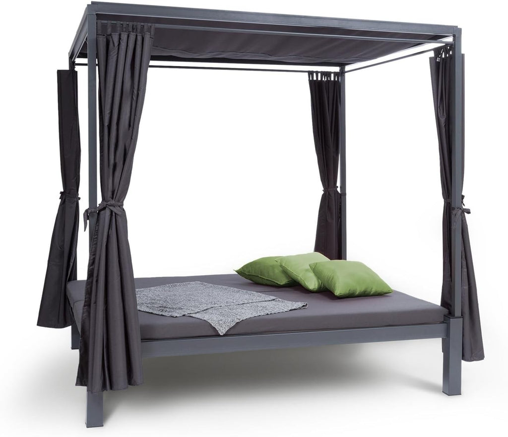 blumfeldt Senator Lounge - Tumbona de jardín doble con toldo, cenador tipo lounge, 188 x 208 x 205 cm, acolchado cómodo, cortinas de privacidad, resistente al agua, estructura de acero, máx. 350 kg, gris