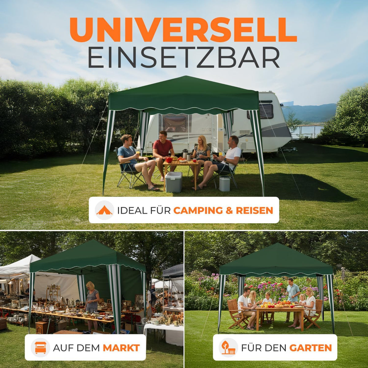 Gazebo plegable impermeable Kronenburg, dimensiones del techo 3 x 3 m, protección UV 50+, cenador en verde con 4 paneles laterales