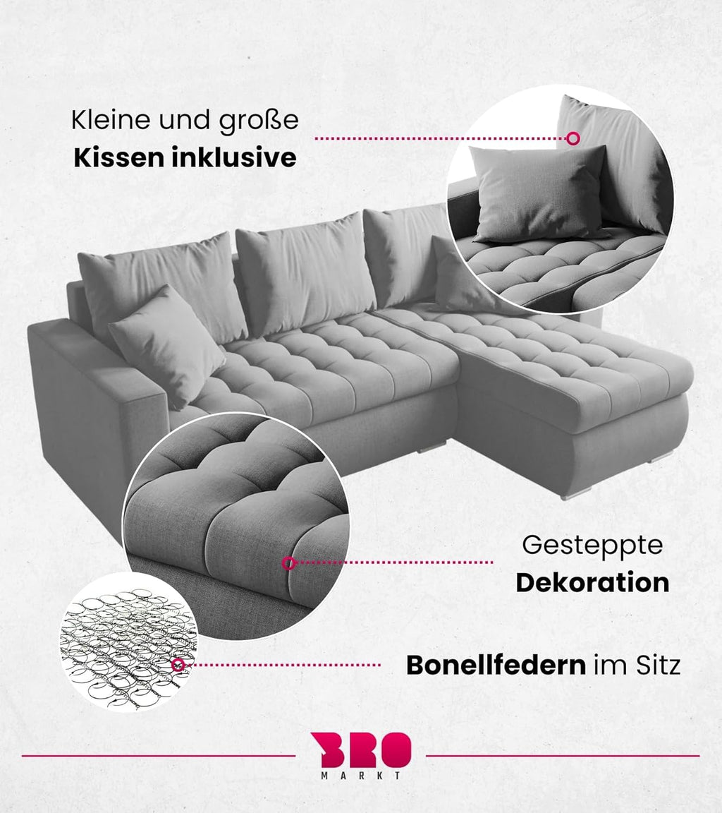 BROMARKT Sofa mit Schlaffunktion Ecksofa L-Form Schlafsofa Couch Bettkasten Wohnzimmer Möbel LUIS Couch 3 Sitzer Bett mit Bezugbehalter 238x150x72 Hellgrau