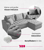 BROMARKT Sofa mit Schlaffunktion Ecksofa L-Form Schlafsofa Couch Bettkasten Wohnzimmer Möbel LUIS Couch 3 Sitzer Bett mit Bezugbehalter 238x150x72 Hellgrau
