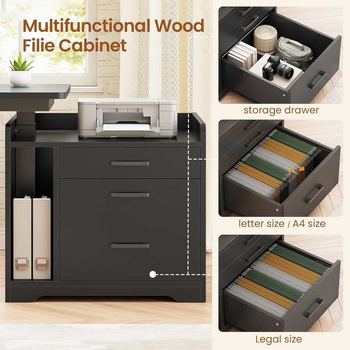 Escritorio de pie eléctrico en forma de L SEDETA con archivador, escritorio de computadora para oficina en casa de 63 x 53'' con altura ajustable, cajones, toma de corriente, mesa de juegos de pie con luces LED, bandeja para teclado, negro