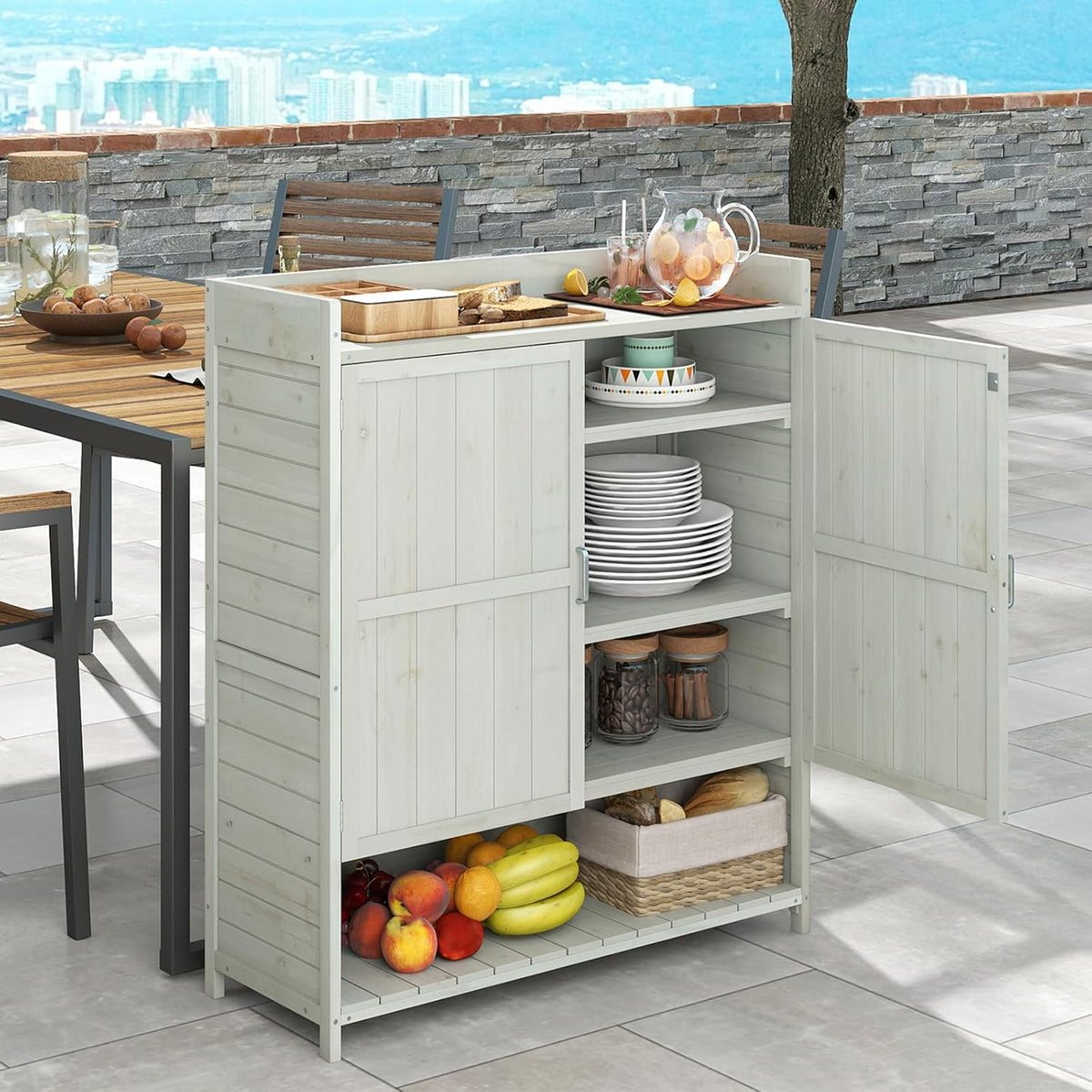 COSTWAY Pflanztisch Outdoor wetterfest, Gärtnertisch Holz, Blumentisch mit Unterschrank, Abfalleimer & verstellbarem Regal, Gärtnertisch für Garten Terrasse Hof, 102 x 43,5 x 152 cm, Natur