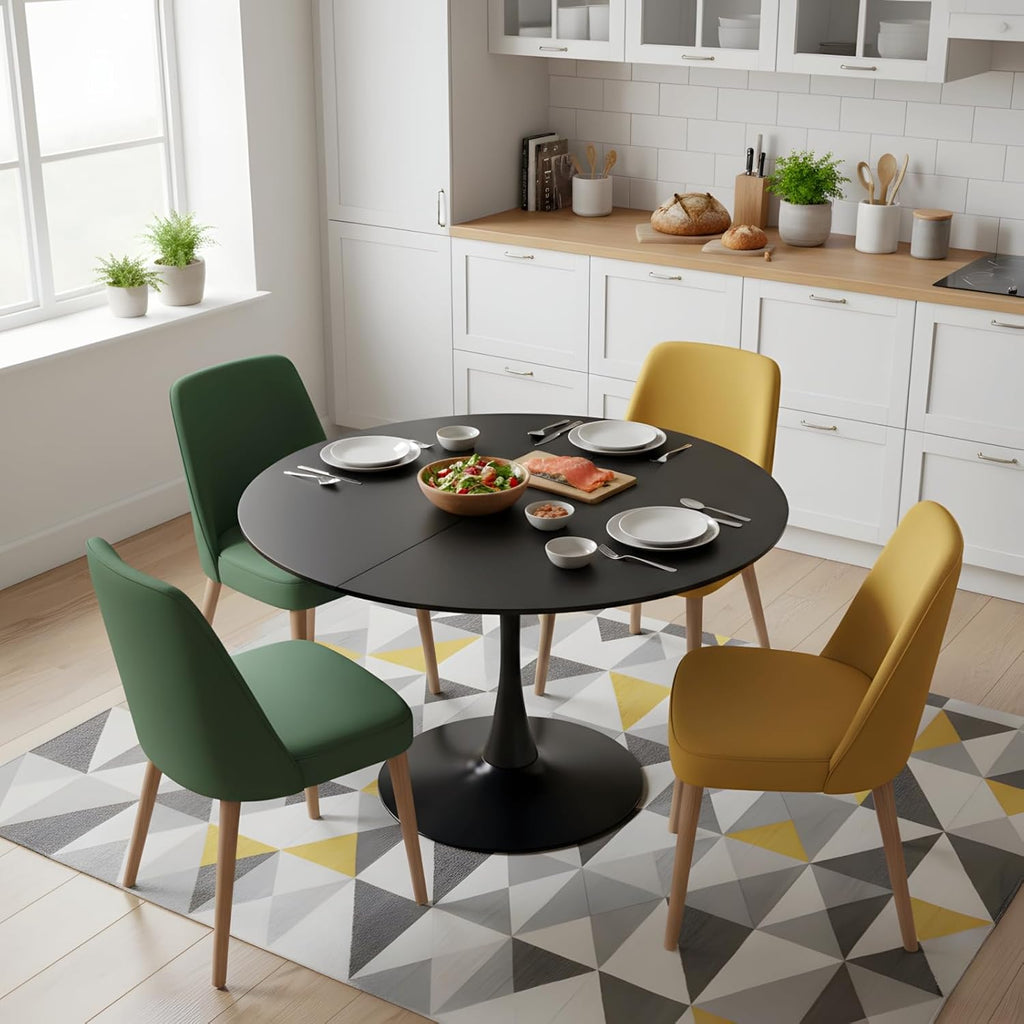 Mesa de comedor redonda de 110 cm, mesa de comedor redonda moderna negra, mesa de cocina para 4-6 personas, mesa de comedor de madera con estructura de metal, mesa redonda para cocina, comedor, salón y balcón, negro