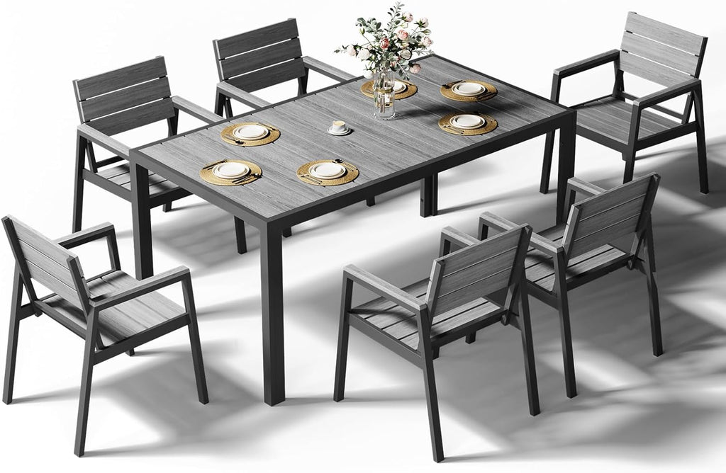 Devoko HDPS Conjunto de jardín de exterior de 7 piezas, resistente a la intemperie, con mesa de 150 cm y 6 sillas de jardín de exterior de aluminio, acabado imitación madera y fácil mantenimiento (gris)