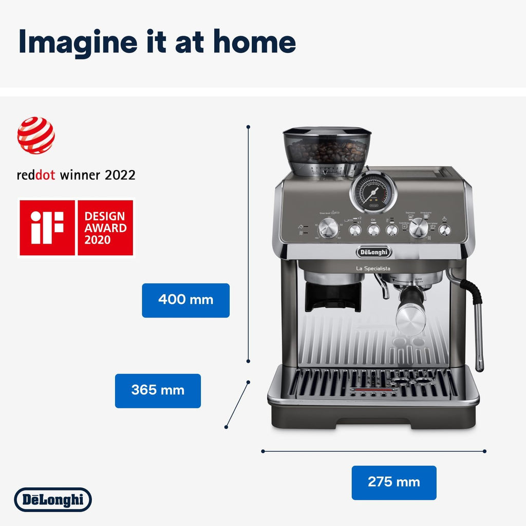 Cafetera espresso De'Longhi La Specialista Arte EC9155.MB con portafiltro y molinillo, 8 niveles de molienda, 15 bares, 3 niveles de temperatura, boquilla para espuma de leche, 1300 W, depósito de 1,5 l, acero inoxidable/negro, incluye kit de barista