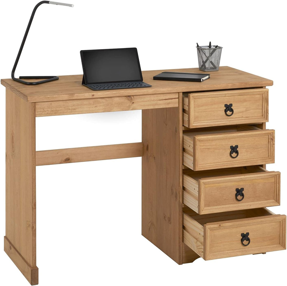 Escritorio CARO-Möbel Salsa de estilo mexicano, elegante mesa para computadora de pino macizo, escritorio de oficina con cajones, teñido y encerado