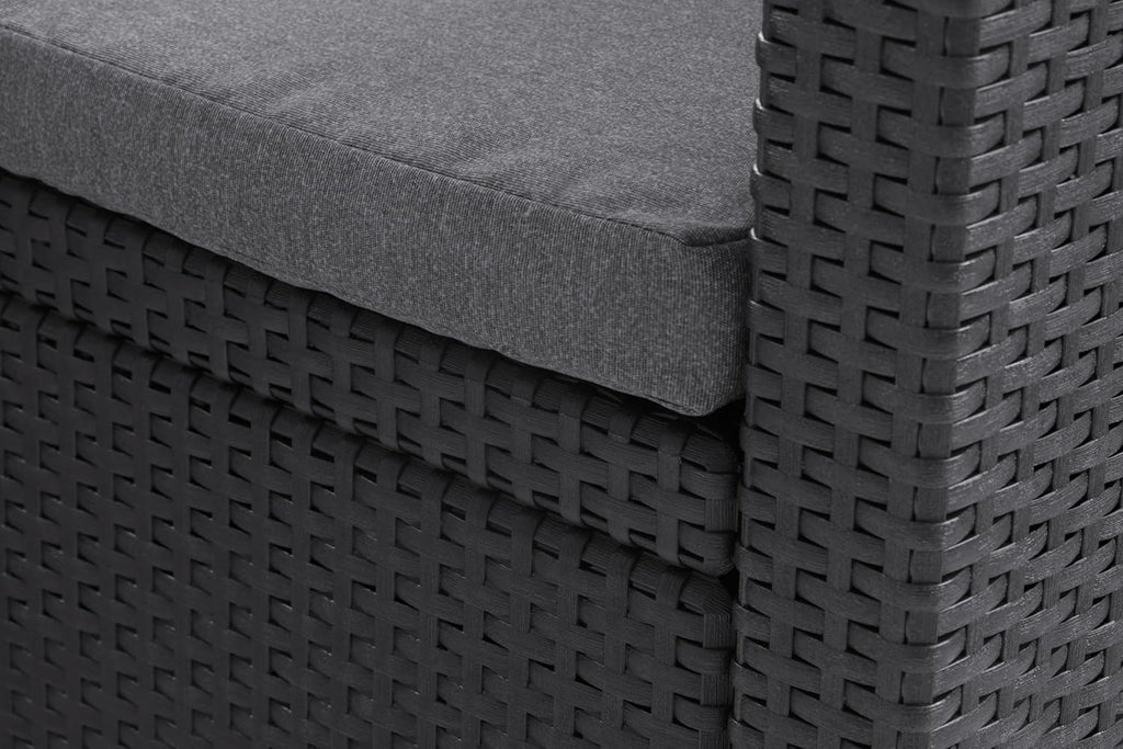 Sofá de jardín Victoria de Allibert by Keter - Sofá lounge de 2 plazas con aspecto de ratán, incl. cojines de asiento y respaldo, fácil de limpiar, resistente a la intemperie, gris, 129 x 63 x 77 cm