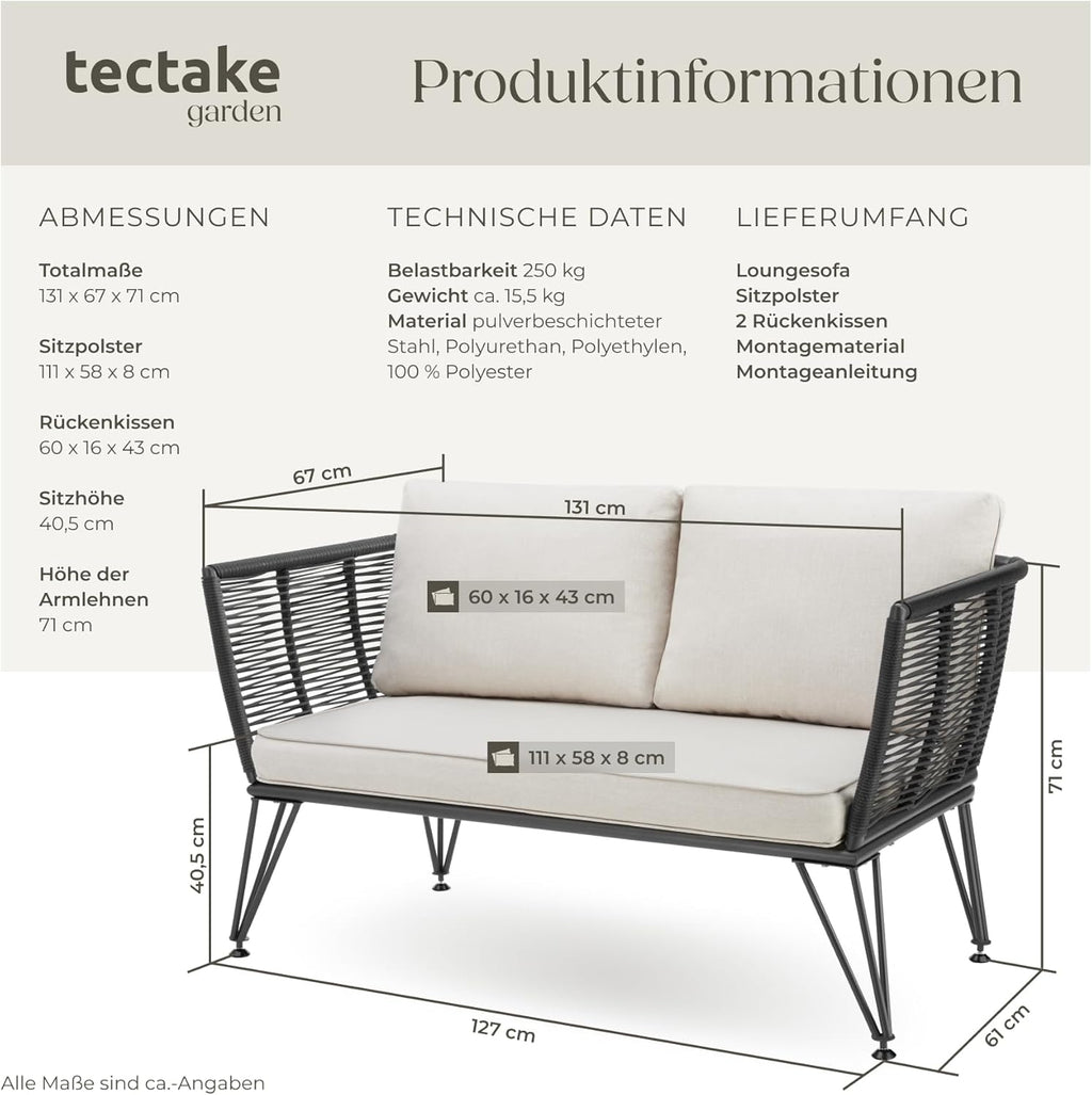 Sofá tipo lounge de ratán tectake®, muebles de salón para exteriores, muebles de balcón, muebles de exterior, muebles de jardín de ratán, sofá de jardín con cojines impermeables para exterior, muebles de balcón para balcones pequeños, jardín de invierno