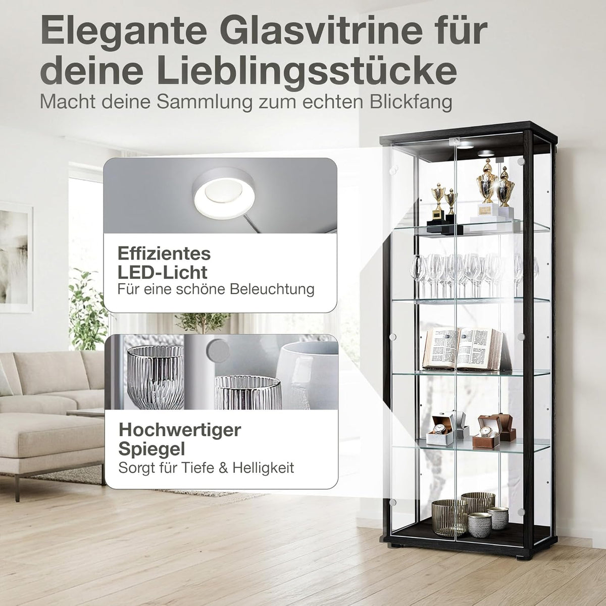 Glas Vitrinenschrank 2-türig (176x67x33cm) - Made in Germany - Standvitrine Schwarz mit 4 höhenverstellbaren Glasböden, Spiegel, Schloss & LED - Glasvitrine Stehend - Sammler
