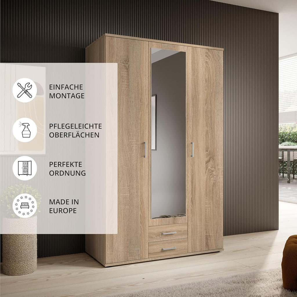 KARL Eleganter 3-türiger Kleiderschrank mit viel Stauraum - Mehrzweckschrank Sonoma Eiche mit Spiegeltür - 120 x 195 x 55 cm