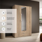 KARL Eleganter 3-türiger Kleiderschrank mit viel Stauraum - Mehrzweckschrank Sonoma Eiche mit Spiegeltür - 120 x 195 x 55 cm