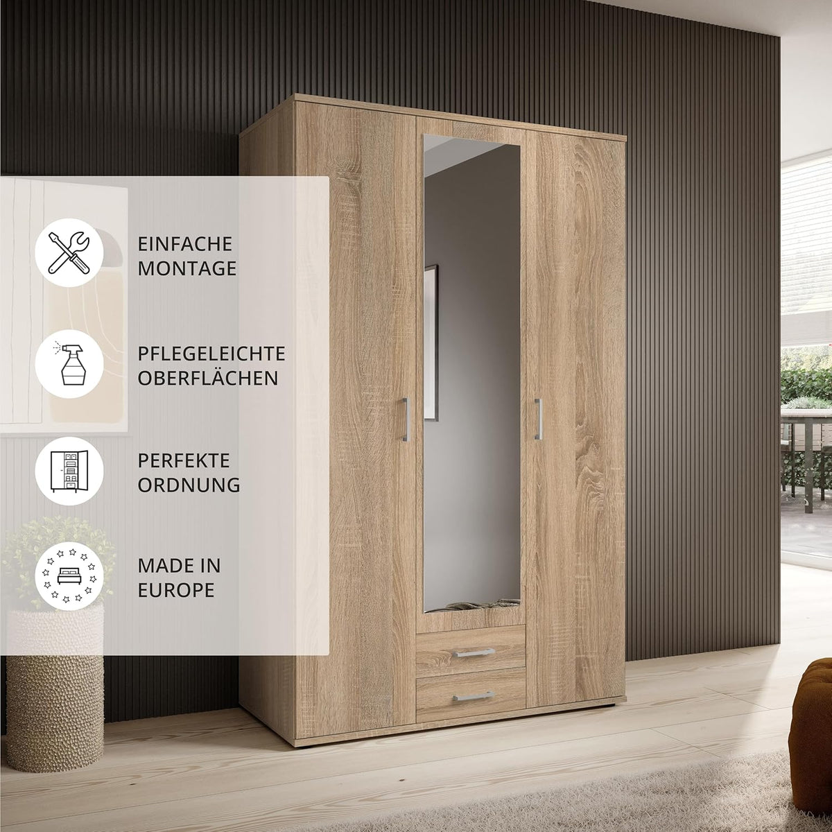 KARL Eleganter 3-türiger Kleiderschrank mit viel Stauraum - Mehrzweckschrank Sonoma Eiche mit Spiegeltür - 120 x 195 x 55 cm