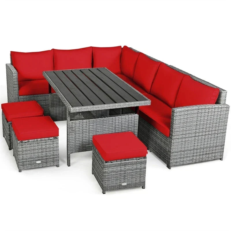 Conjunto de muebles de comedor para patio de 7 piezas de ratán con sofá seccional, mesa de comedor, otomanas y cojines